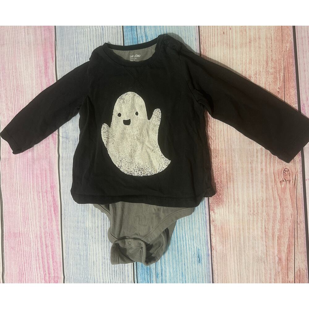 Baby Gap 18–24 Months Ghost Bodysuit – Black & Gray Halloween One-Piece – VGUC